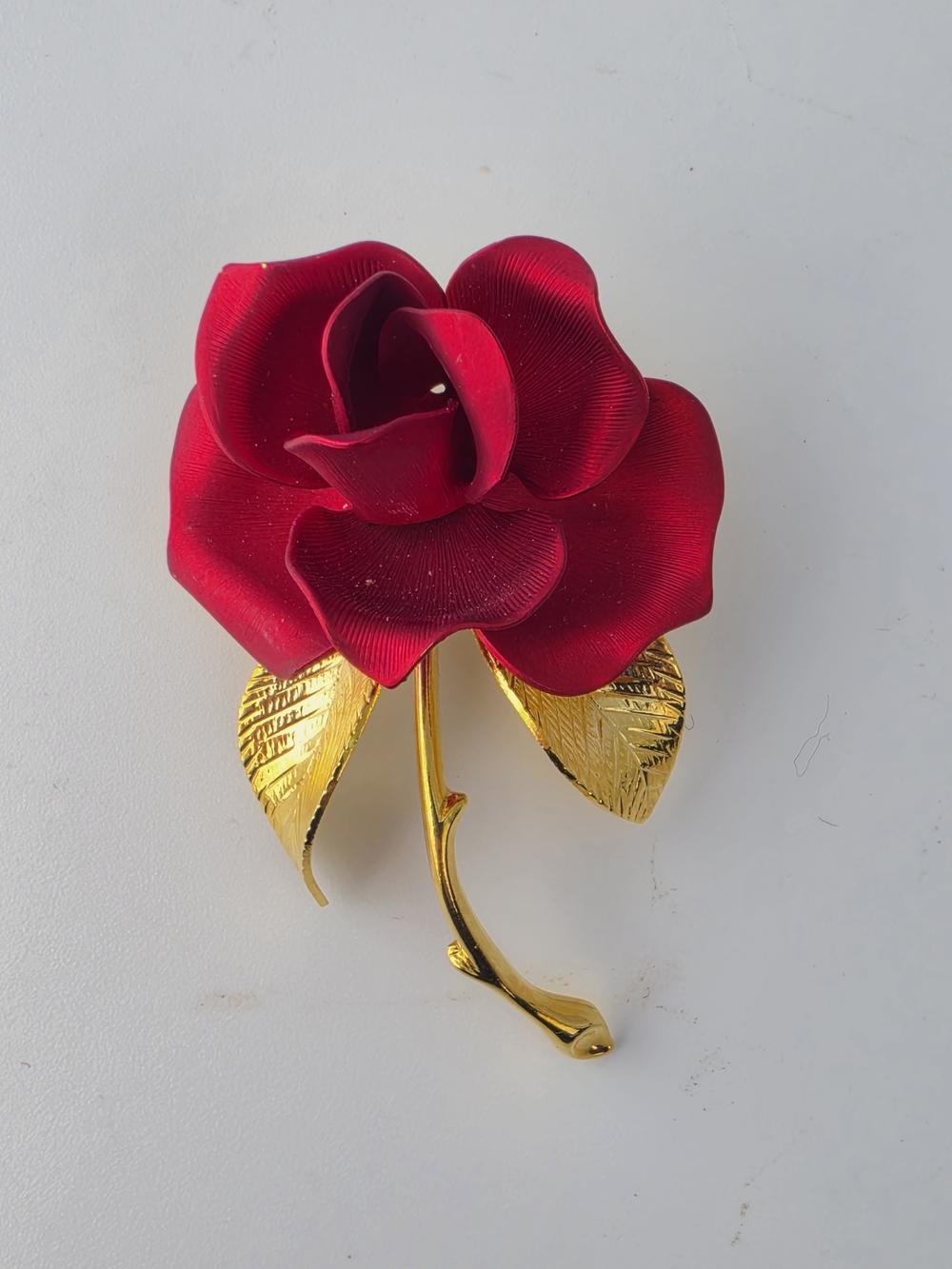 Vintage Signed Cerrito Red Enamel Blooming Rose Flower Brooch Pin 2"